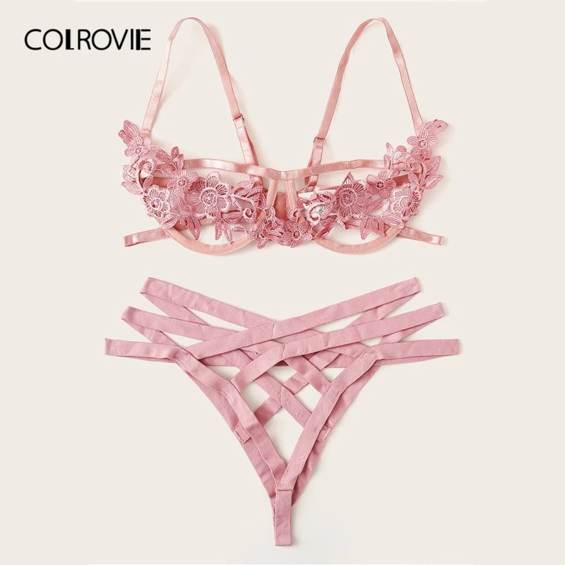 Женский прозрачный комплект нижнего белья COLROVIE розовый с бюстгальтером v
