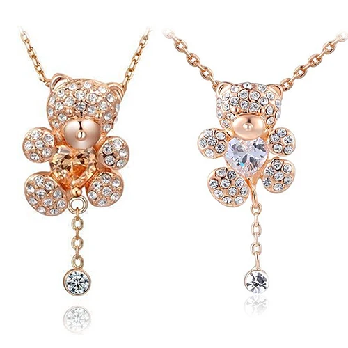 

New Girl's Cute Little Bear Love Heart Gold-color Rhinestone Pendant Necklace BDLM