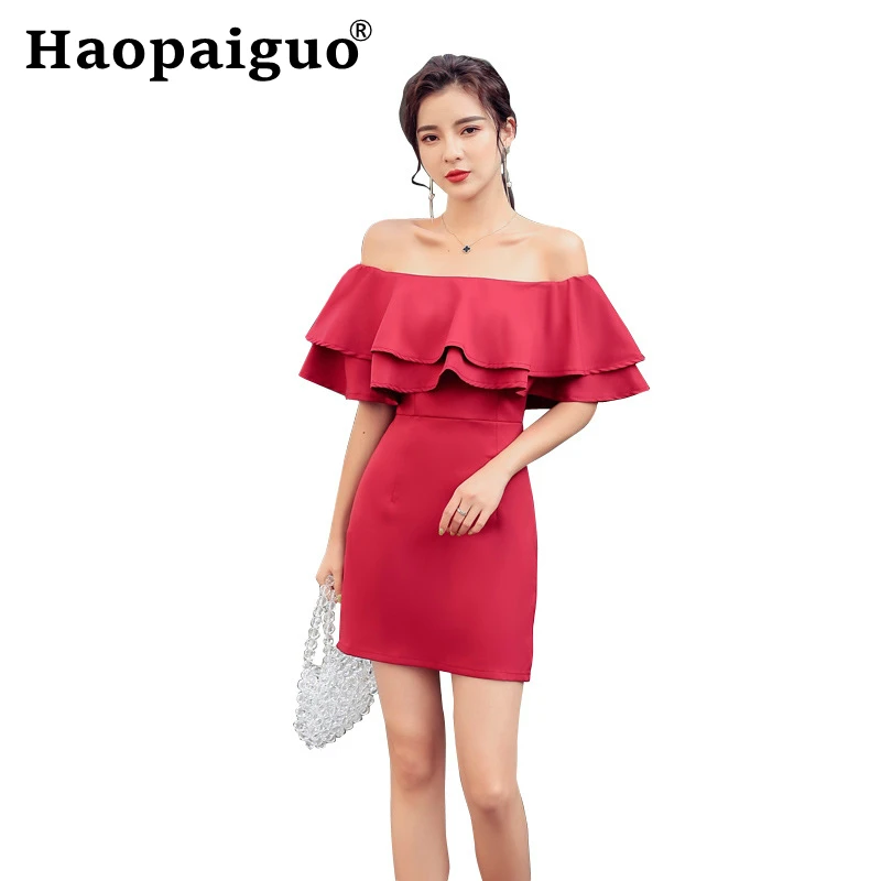 

Slash Neck Ruffles Evening Black Party Dress Women Corset Sheath Mini Bodycon Dress Women Solid Bandage Dresses Woman Party Nigh