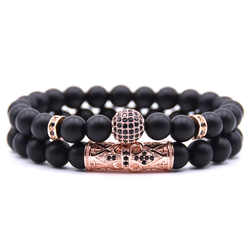 

HYHONEY 2pcs/set 8mm beads Matte Stone Bracelet Pave CZ 4 color Ball Charm Bracelets for Men&Women gifts Creative Jewelry