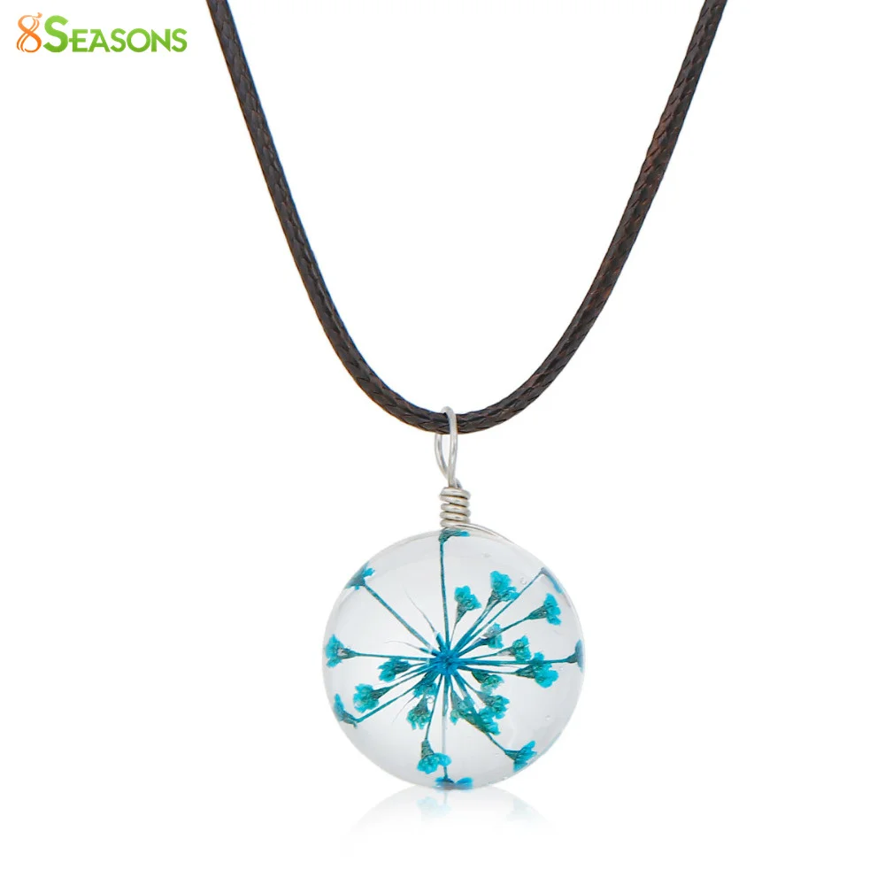 

8SEASONS Transparent Glass Globe Dried Flower Necklace Black Wax Cord Fuchsia 44.5cm(17 4/8") long, 1 Piece