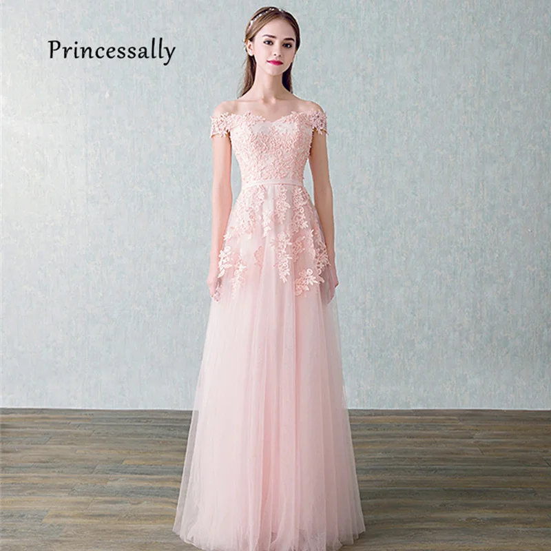

New Pink Evening Dress Long Elegant Robe De Soriee Appliques Lace Beading Sexy Boat Neck Fromal Women Prom Party Gown Vestidos
