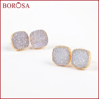 

BOROSA 12mm Square Natural Titanium AB Color Crystal Druzy Geode Gold Earrings Druzy Fashion Elegant Studs Earring G0880