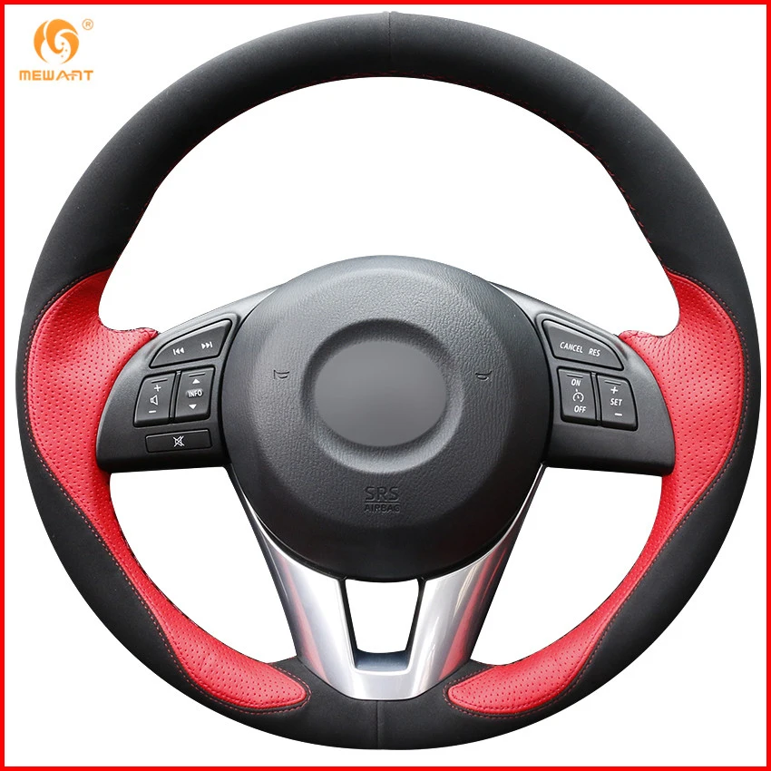 MEWANT Red Leather Black Suede Car Steering Wheel Cover for Mazda 3