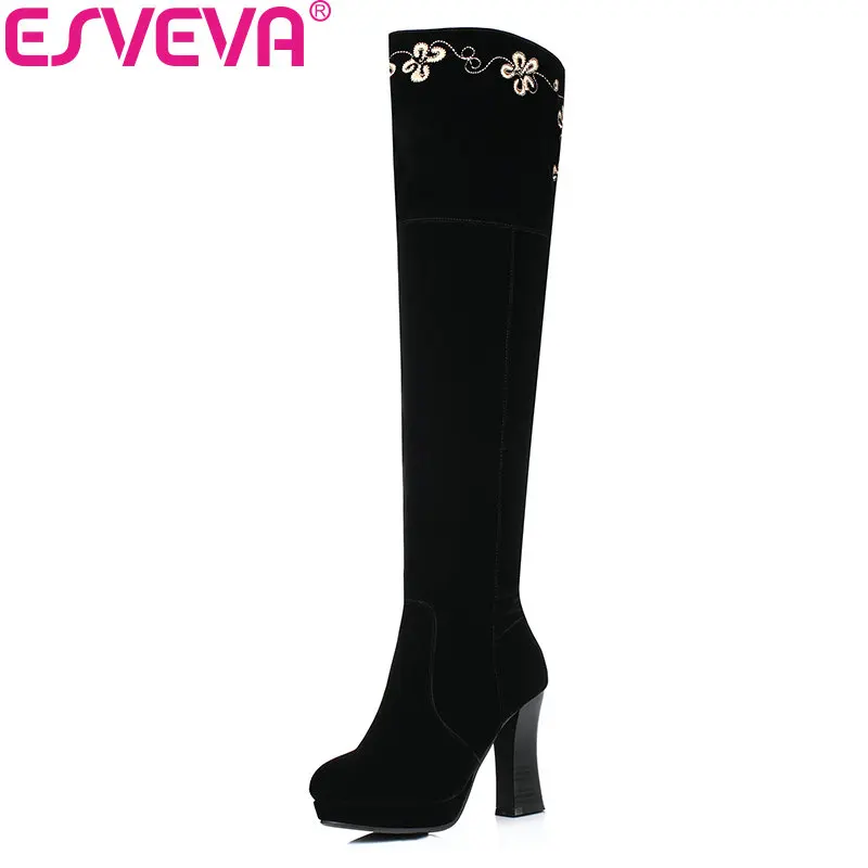

ESVEVA 2018 Women Boots Warm Fur Winter Knee-high Boots Square High Heels Embroidery Slim Look Round Toe Ladies Boots Size 34-40