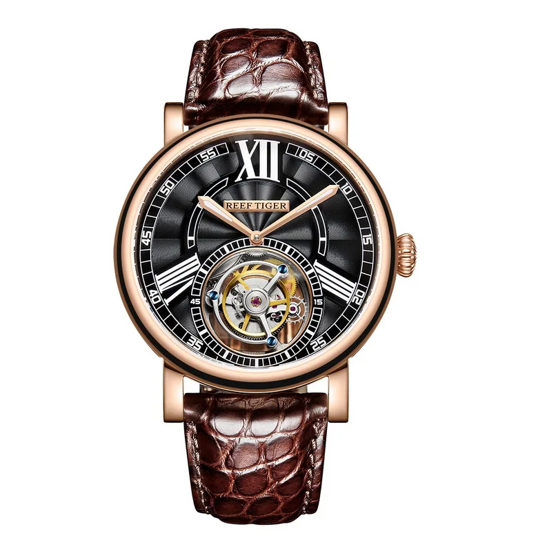 Reef Tiger Classic Serier RGA1999 мужские полые циферблат платье Real Tourbillon автоматические механические наручные часы-серебро