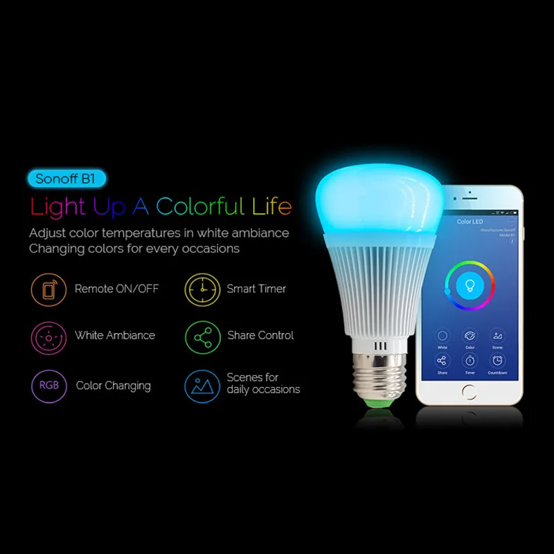 

Sonoff B1 Smart Wifi Lamp E27 Dimmable Colorful LED Lamp RGB Color Light APP WIFI Remote Control Via IOS Android for Smart Homes