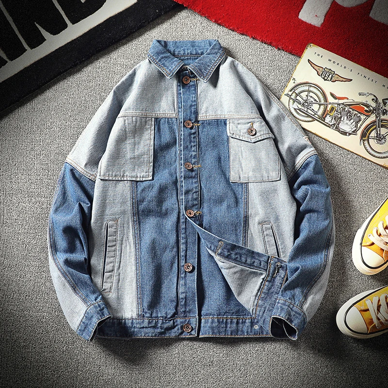 

Fashion Casual Men's Jacket New Spring And Autumn M-5XL Stitching Square Collar Loose Top Coat Blue Personality Youth Popular