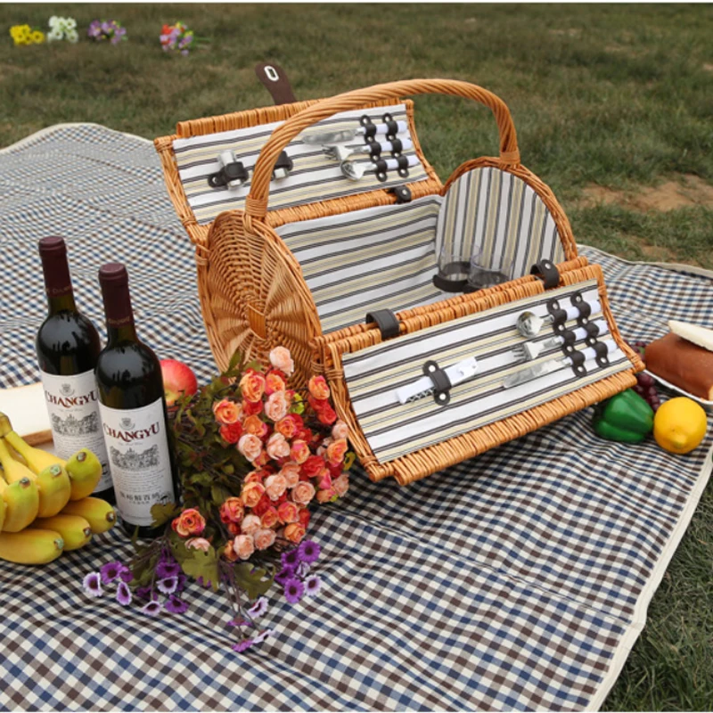 Vintage Wicker Picnic Basket Set for 2 Persons Outdoor Willow Picnic