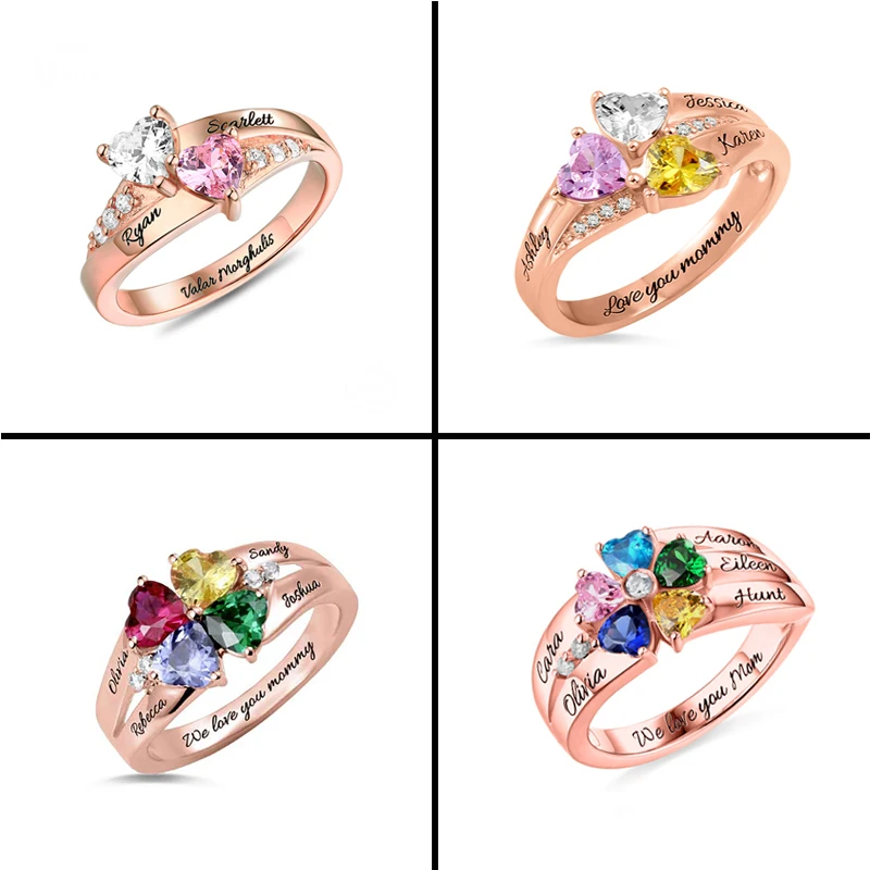 

Xiaojing Personalized 925 Sterling Silver Rings Custom Heart Birthstone Ring With 2-5 Names Jewelry for women Mother day's Gift