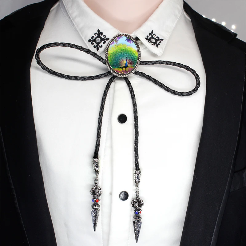 Bolo-003 модные красивые картины с изображением павлина стеклянный кабошон Боло галстук очаровательные павлин ювелирные изделия на шею Галстуки кожаная цепочка Ожерелье - Окраска металла: 3-1