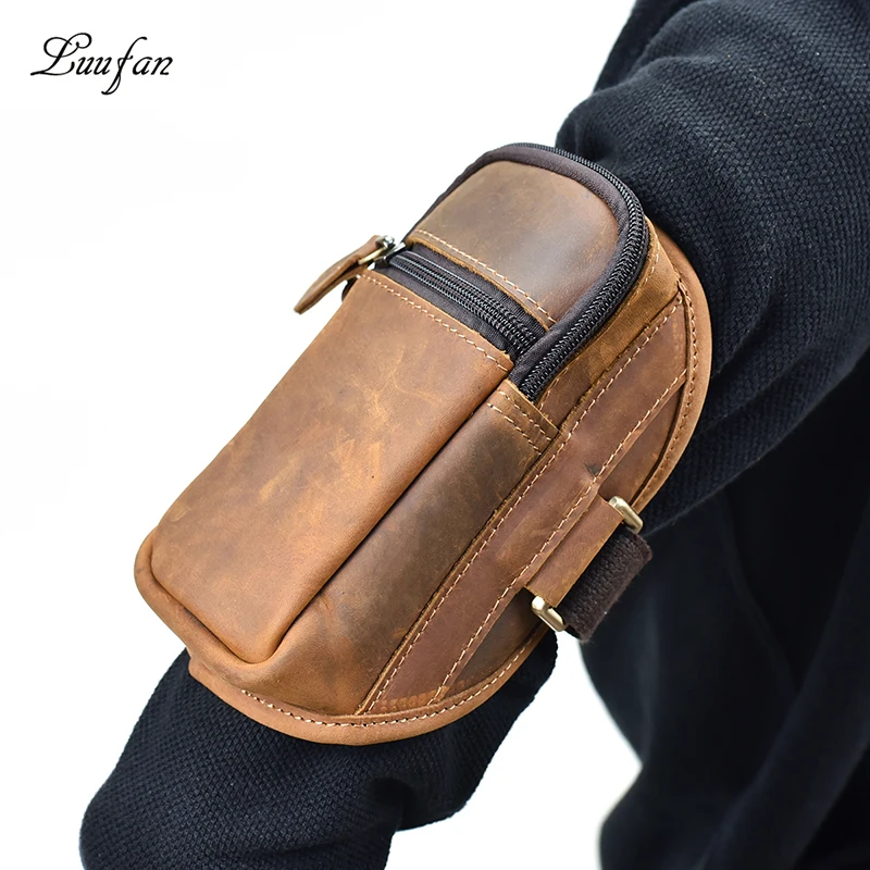 

Genuine Leather men Arm case Bag women Small Vintage Crazy horse cow leather Zipper Arm Band Bag mini Phone bags pocket