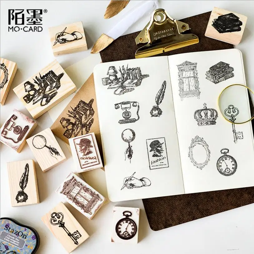 

12 style Vintage crown feather wood stamp DIY craft wooden rubber stamps for scrapbooking stationery scrapbooking standard stamp