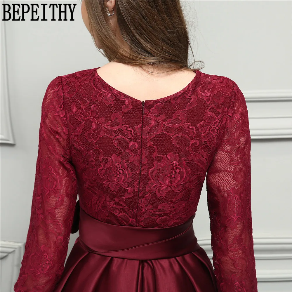 BEPEITHY дизайн vestido de festa Longo эластичный длинный рукав бант бордовый сатин А-силуэт Длинные платья для матери невесты