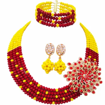 

Fashion 5 Layers Opaque Yellow and Red Nigerian Wedding African Beads Jewelry Set Crystal Necklace Earrings 5L-ZJ019