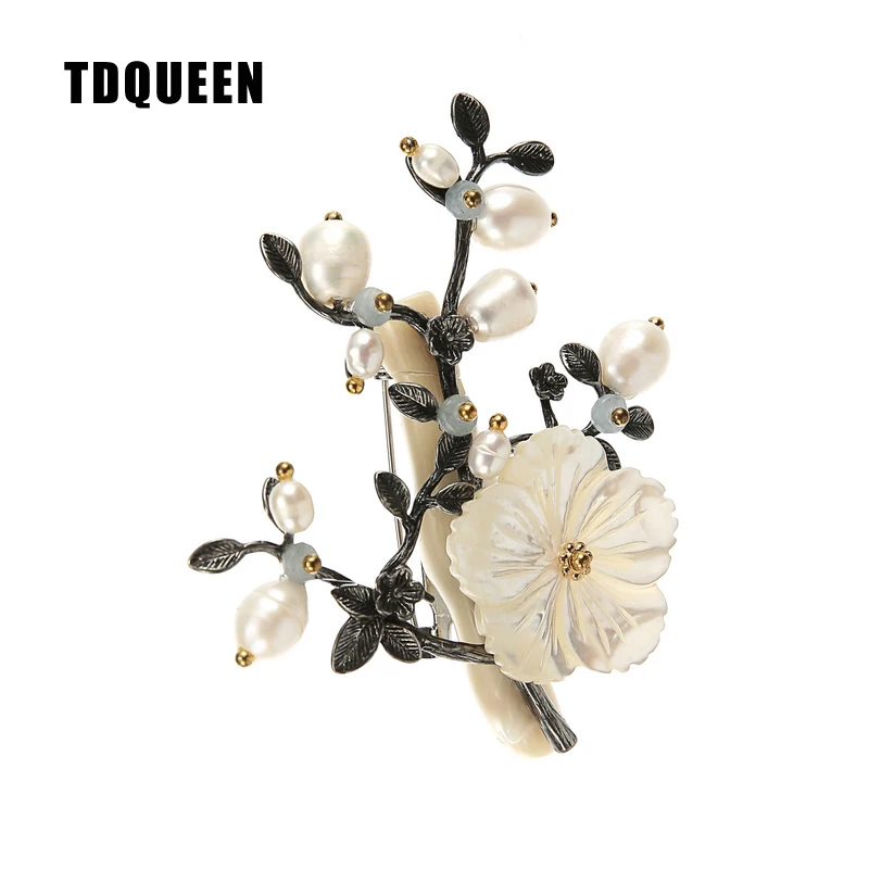 TDQUEEN Brooches Antique Silver Plated Handmade Broches High Quality Pin Jewelry Freshwater Pearl Shell Flower Brooch for Women 2