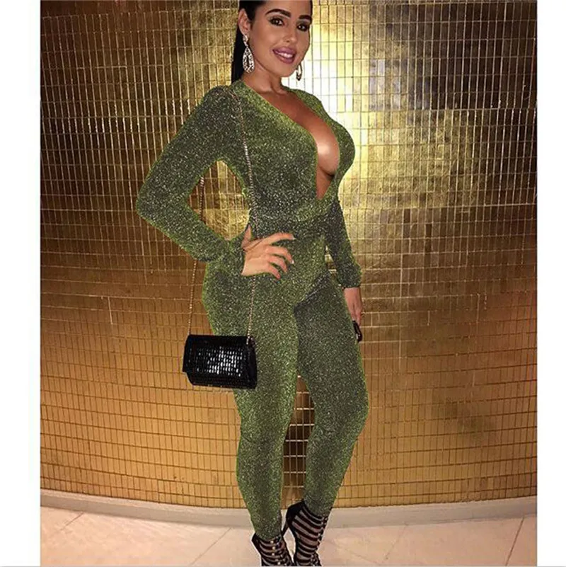 

Women V Neck Sexy Glitter Jumpsuit Black Long Sleeve Bodysuit Autumn Winter Night Club Party Bodycon Jumpsuit Sparkly Romper
