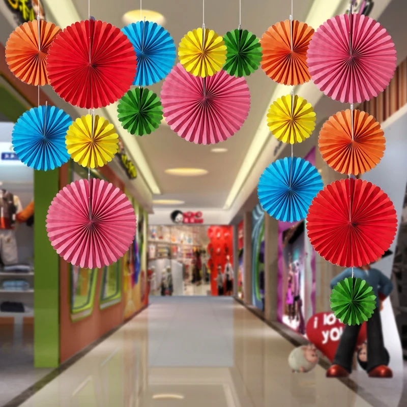 Us 15 8 Children S Room Colorful Fan Decoration Store Window Hanging Ornaments Paper Fan Kindergarten Hallway Classroom Ornaments In Figurines