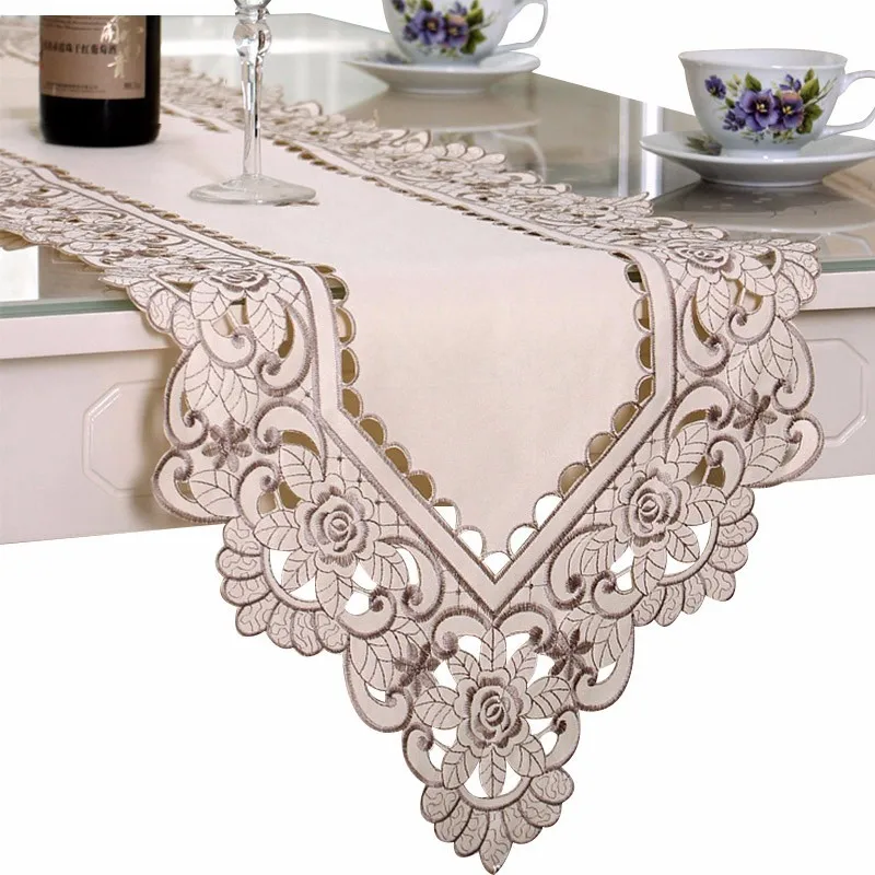 Decorative Embroidered Table Runner with Tassels Europe Lace Floral