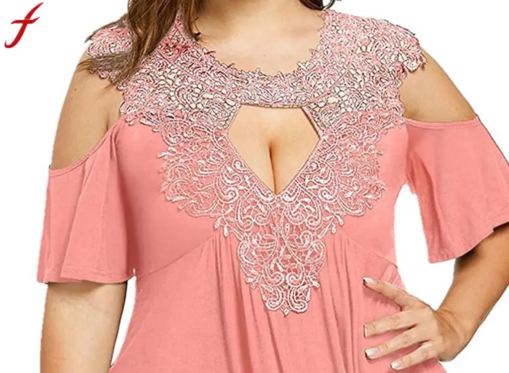 

Feitong Blouse Women Plus Size Lace Hollow Pullover Short Sleeve Strapless Shirt Loose Tops Blouse For Lady Blusas Femininas