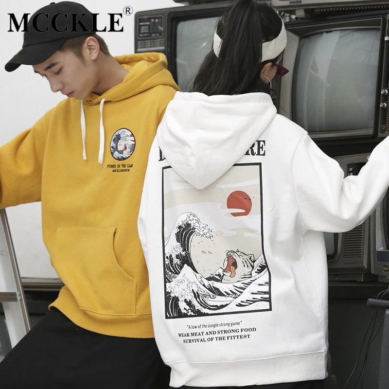 

MCCKLE Embroidery Hoodies Funny Cat Wave Printed Fleece Hoodies 2018 Winter Unisex Hip Hop Casual Sweatshirts Streetwear