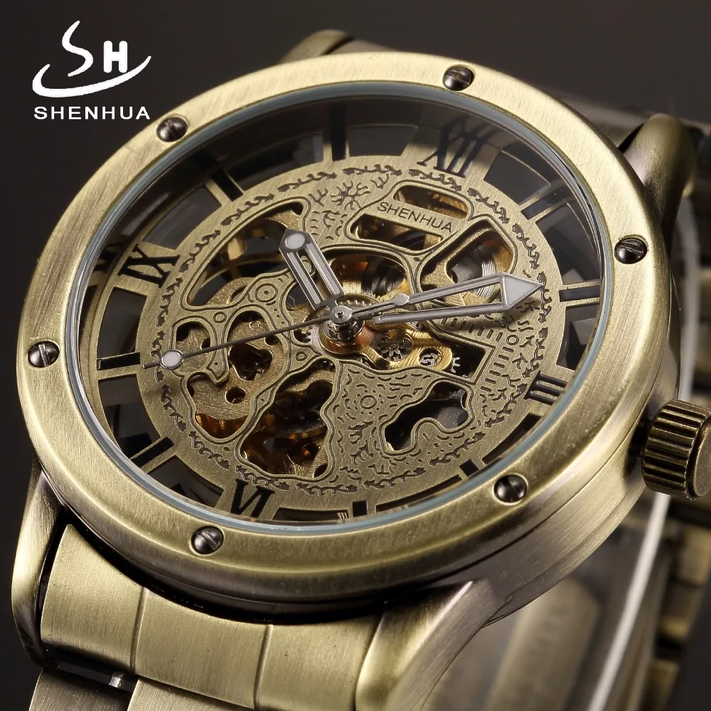 

SHENHUA Bronze Plated Metal Skeleton Watch Men Mechanical Automatic Transparent Wrist Watches Male Luminous Hands Wristwatch Man
