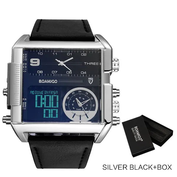 Мужские крупные военные наручные часы BOAMIGO, черного цвета, кварцевые, спортивные, с кожаным ремешком, с 3 часовыми поясами и светодиодным дисплеем - Цвет: new silver black box