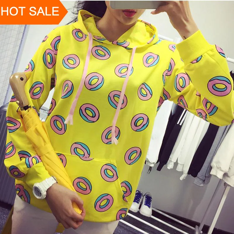  New Spring Autumn 2019 Cute Donut Print Pullovers Geometric Women Hoodies Sweatshirt Fashion Yellow