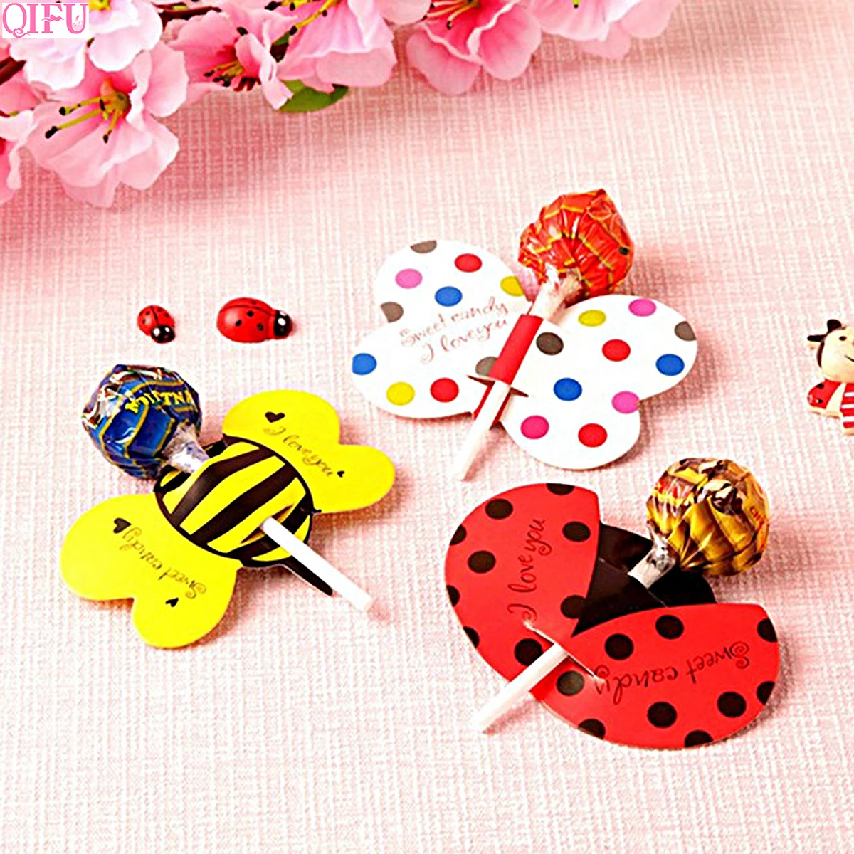 

QIFU 50/54pcs Lollipop Candy Paper Card Decor Bee Butterfly Ladybug Unicorn Mermaid Baby Birthday Party Decoration Kids Favors