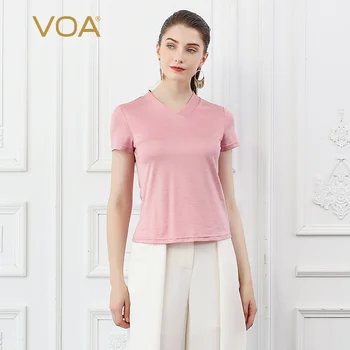 

Voa Silk Knit t Shirt Women Tee Ladies Tops Large Size Pink Black Summer Short Sleeve v Neck Basic Solid Casual Pullover B1719
