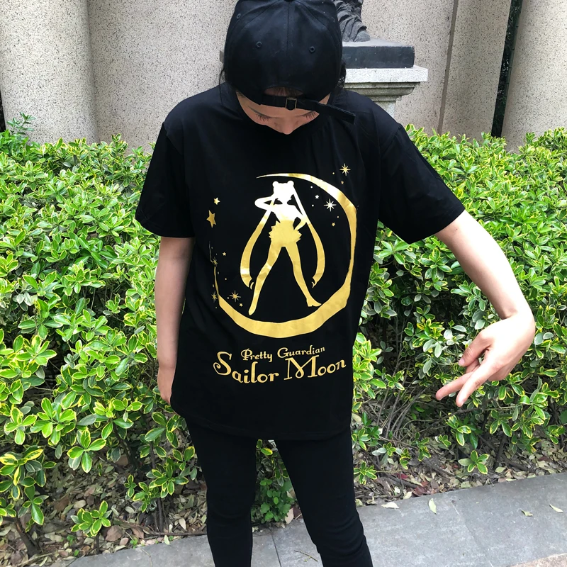 

Gagarich Summer Harajuku Gold Print T-shirt Women Japanese Cartoon Sailor Moon T shirt Cosplay Women Anime Luna Cat Cute Top
