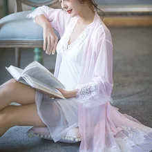 Кимоно халат наборы невесты Халаты сексуальные халаты для женщин Весна Лето Кружева Халат Свободный принцесса пижамы белый