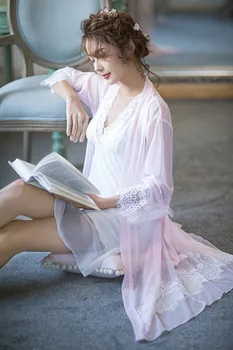 

Kimono Robe Sets Bridesmaid Robes Sexy Dressing Gowns for Women 2018 Spring Summer Lace Bathrobe Loose Princess Sleepwear White