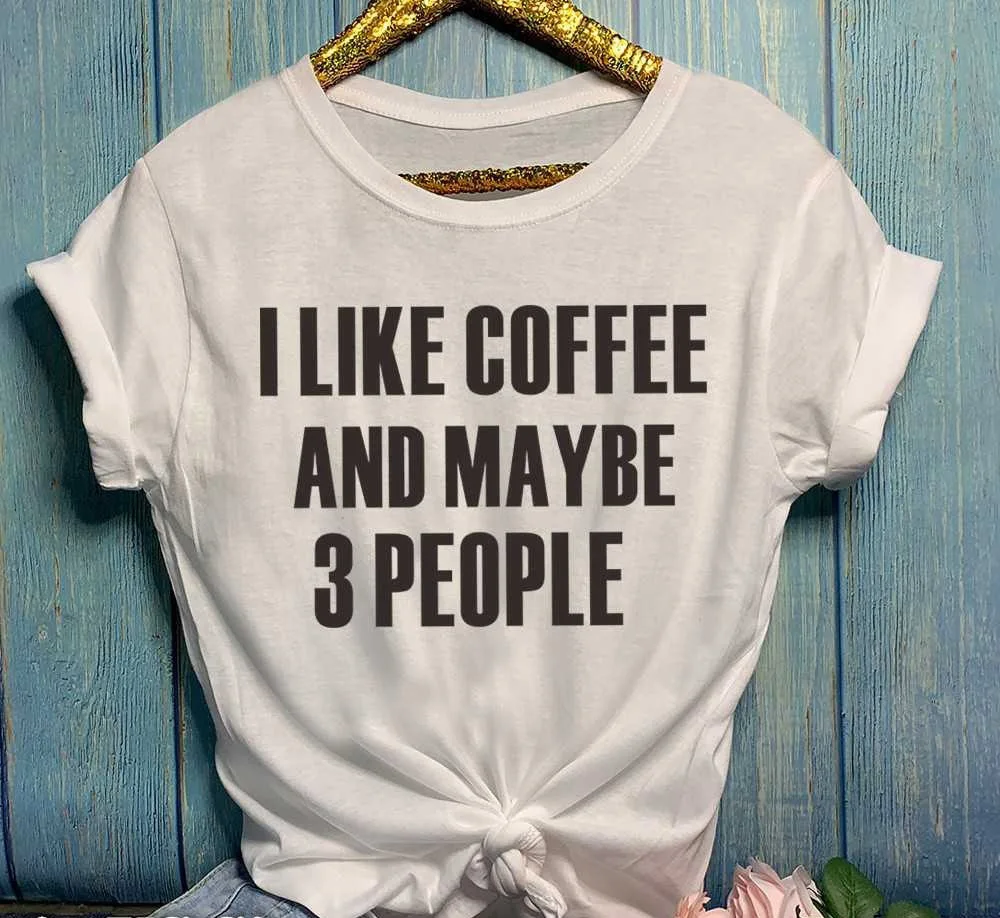 Женские топы с надписью I Like Coffee and возможно 3 People модные серые хлопковые