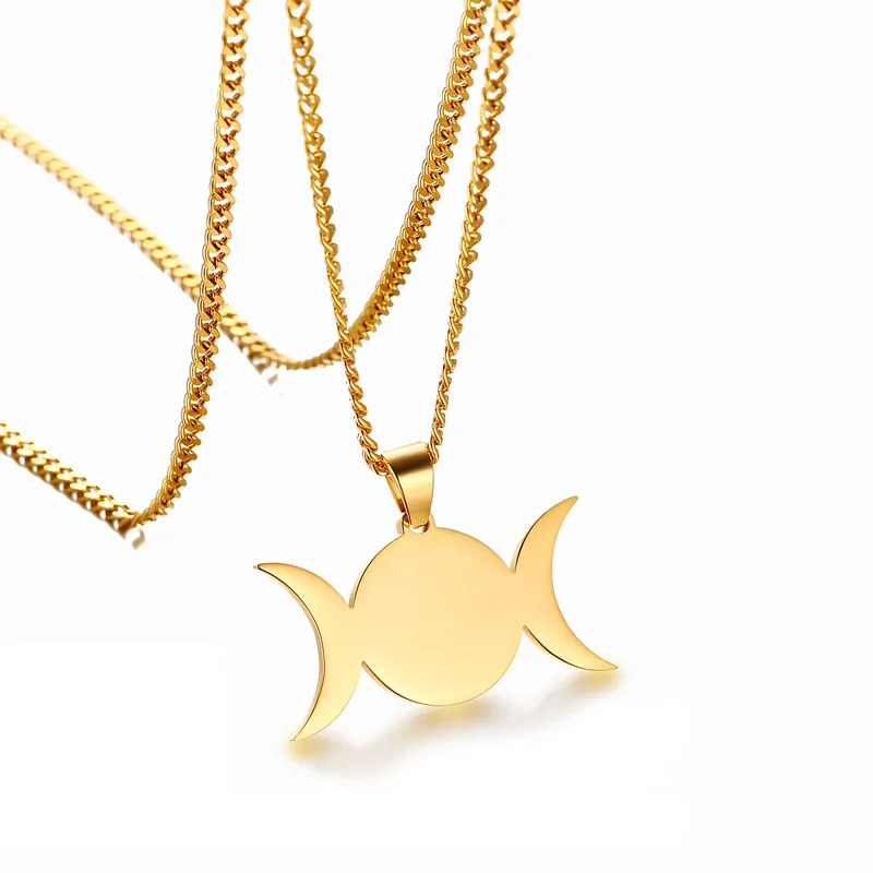 

Mens Triple Goddess Crescent Moon Pendant Necklace for Men Stainless Steel Male Wiccan Pagan Jewelry Accessories 24"