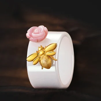 

Acecare Silver 925 Jewelry Ring Original Rose Kiss Ceramic Women rings Natural Pink Shellfish Rose Pure Silver Bee Ring