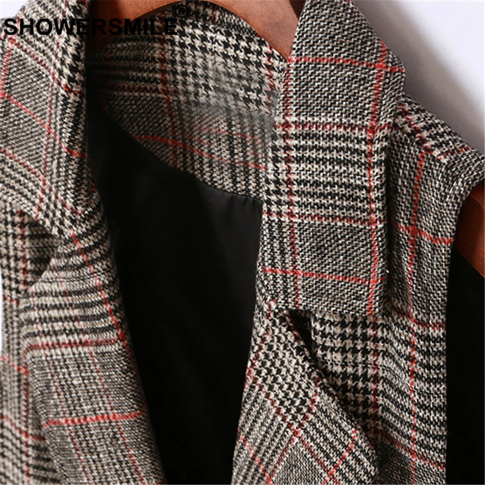 SHOWERSMILE Houndstooth Vests Women Long Grey Check Plaid Coat British Style Sleeveless Vest Female Lapel Collar Retro Waistcoat
