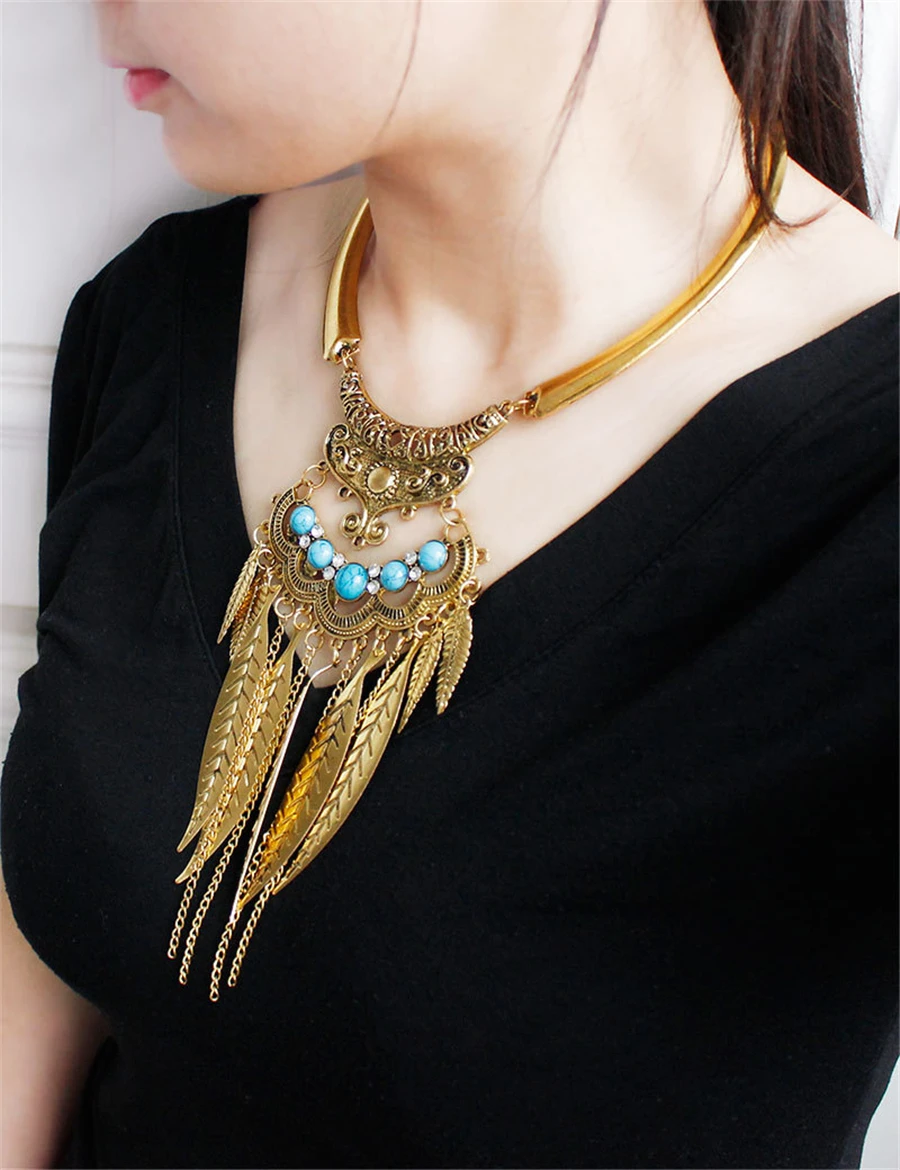 Europe and America exaggerated smooth leaves tassel metal collar African national fashion wild clavicle chain necklace (2)