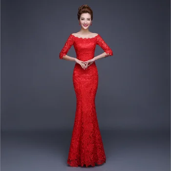 Sexy Women Half Sleeve Elegant Floor Length Party Lace 2017 Evening Dress Long Fishtail Mermaid/Trumpet Dress Slash Neck Red