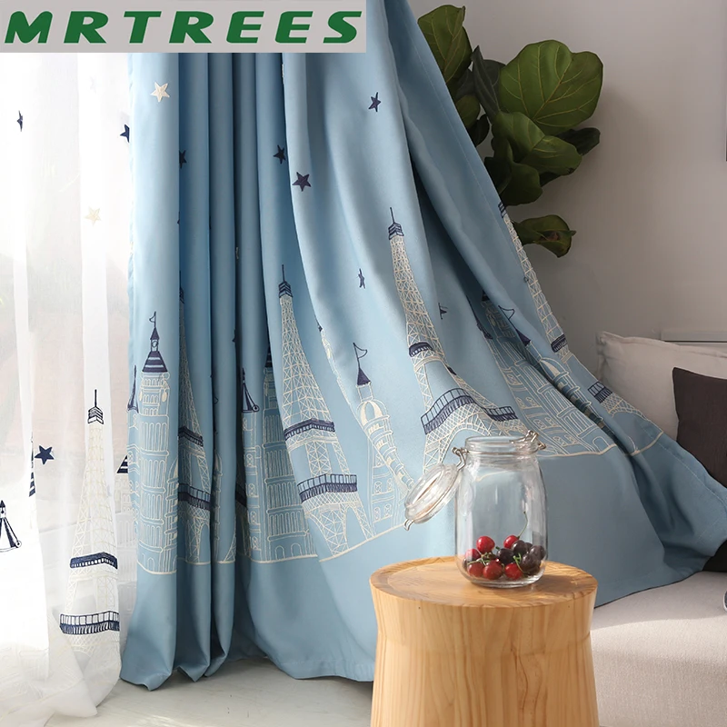 

Embroidered Blackout Blue Cartoon Window Curtain for Living Room Boys Children Bedroom Sheer Tulle Curtains Kids Cortina MRTEERS