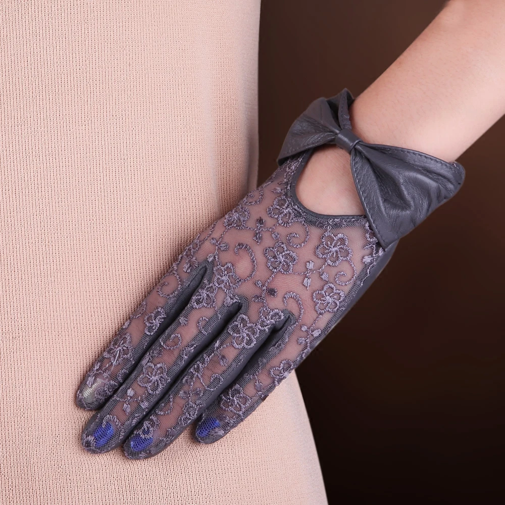 2019 New Women Genuine Leather Gloves Female Fashion Bowknot Lace Sunscreen Lambskin Leather Gloves Touchscreen L177N-1