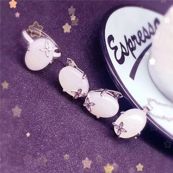 

Natural and Tian suet white jade pendant earrings jewelry set ring set 925 silver inlay