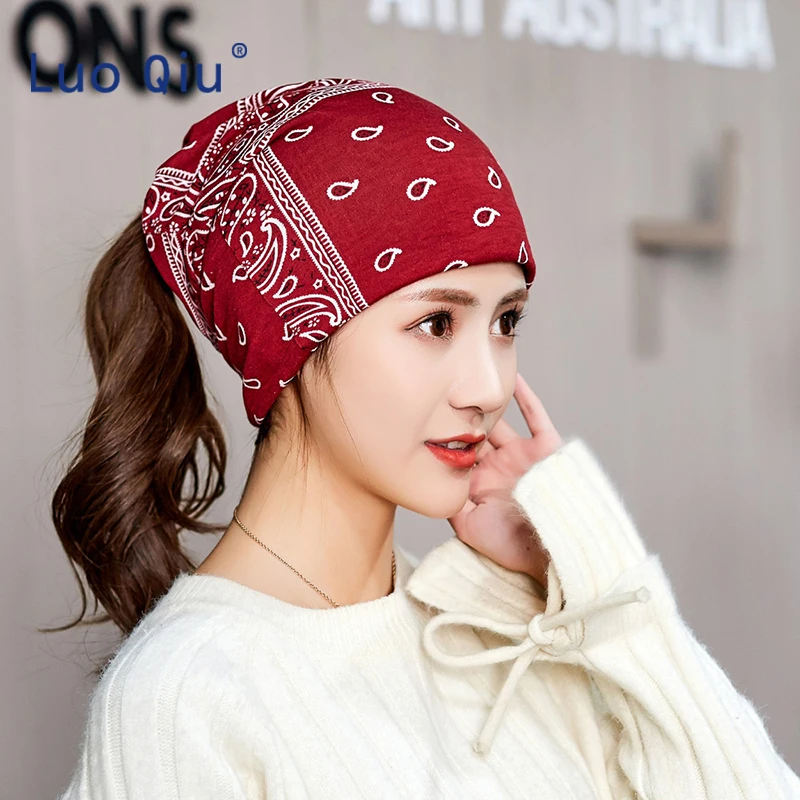 Women Cotton Print Turban Seamless Bandanas Camouflage Head Wrap Fashion Leaf Star Girl Beanie Neck Tube Sweat Hat Turbante Cap