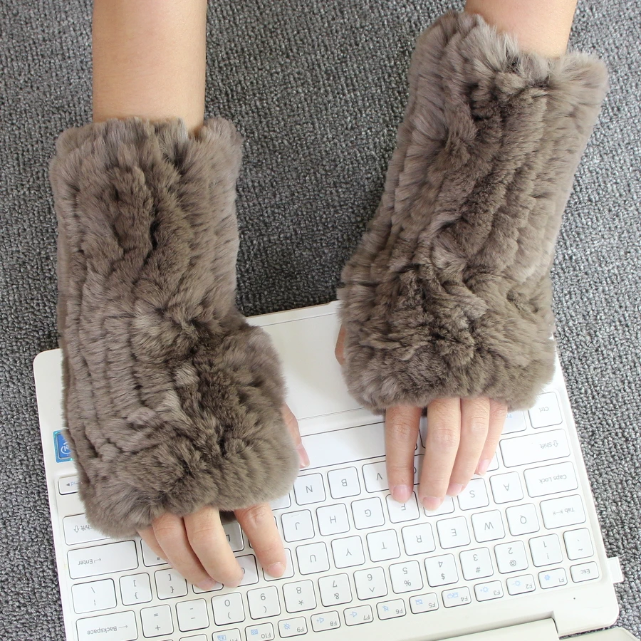 Harppihop* Для женщин натуральная Трикотажные Кролика Рекс зимние перчатки, варежки без пальцев рукава для защиты рук