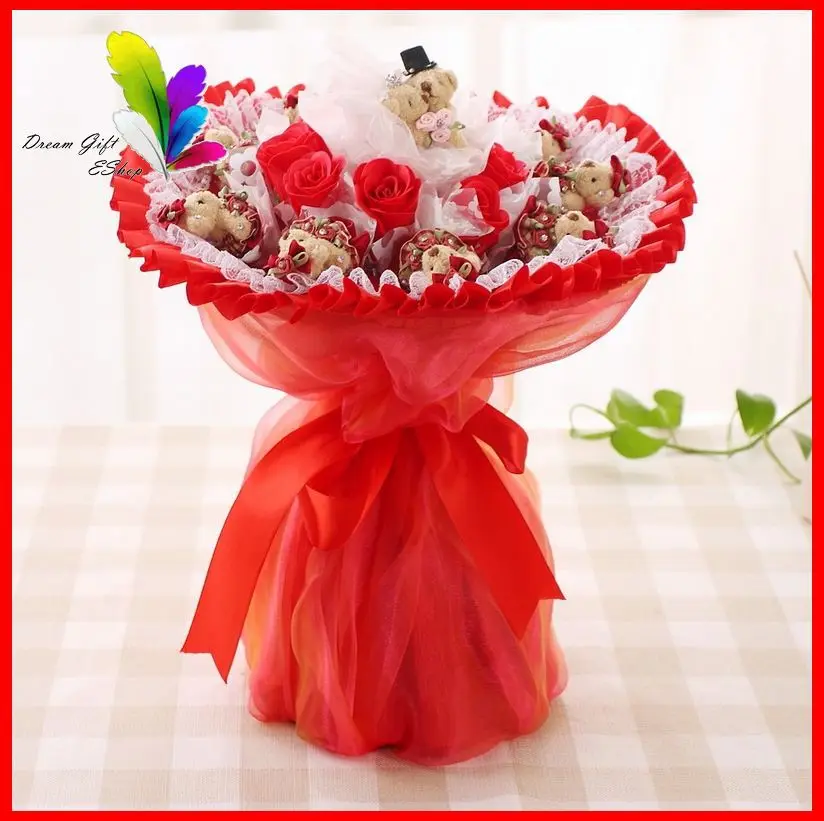 Couple Teddy Bear Flower Wedding Bouquet With Rose Soap Flower Romantic Wedding Decorative1414 Artificial Dried Flowers Aliexpress