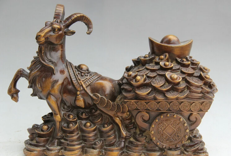 

Collectible bronze S2155 15" Chinese Bronze Wealth Zodiac Year Sheep Goat pull vehicle Statue sculpture B0403