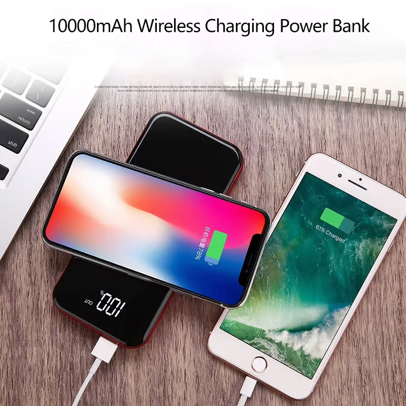 10000mAh Qi Wireless Charger Power Bank External Battery Powerbank Type c USB Micro Output LED Display