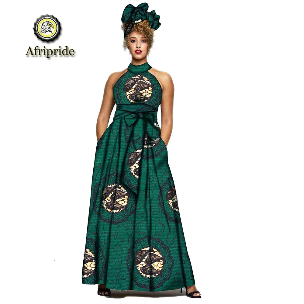 

2019 AFRIPRIDE African dresses for women Print Sleeveless Vintage Bow Halter Floor- Length Maxi dresses with headscraf S1925014