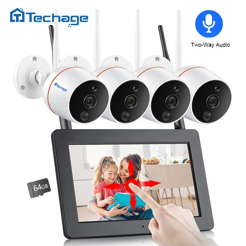 

Techage 4CH 1080P Wireless Touch Screen LCD NVR Wifi CCTV System 2MP Two-way Audio Camera Video Surveillance Kit SD Card Record