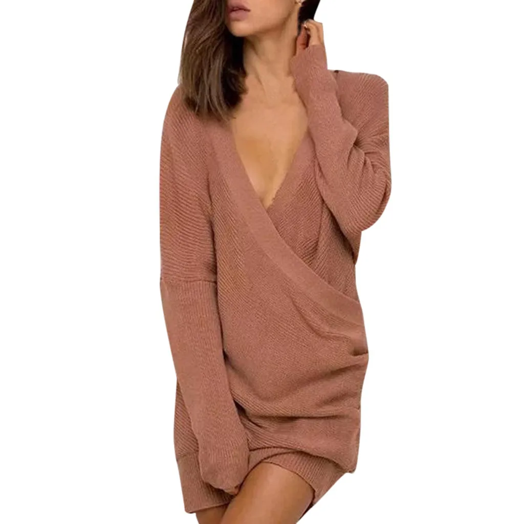 Elegant V Neck Sweater Women Solid Long Sleeve Sexy 